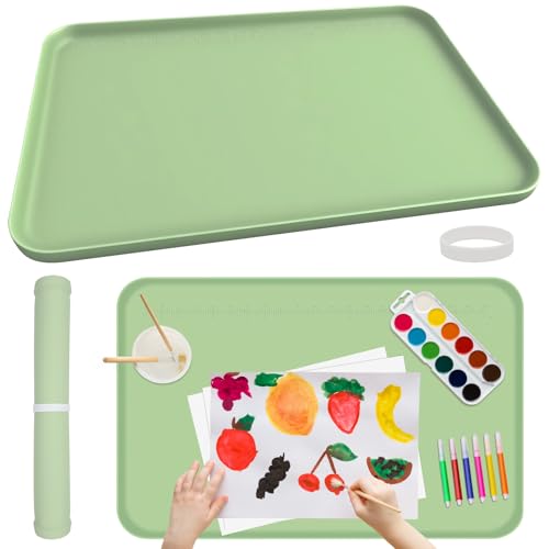 Silicone Art Mat for Painting, 24"x16" Green Roll Up Craft Mat with Raised Edges, Non-Slip Surface Protector