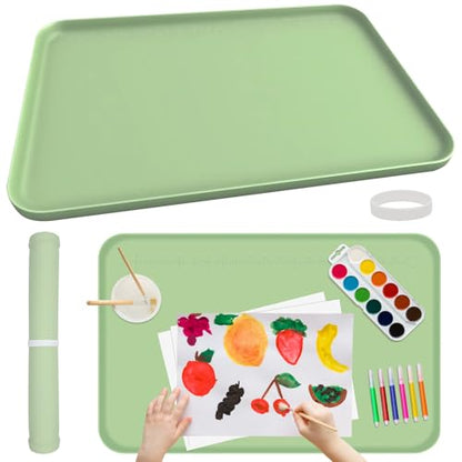 Silicone Art Mat for Painting, 24"x16" Green Roll Up Craft Mat with Raised Edges, Non-Slip Surface Protector