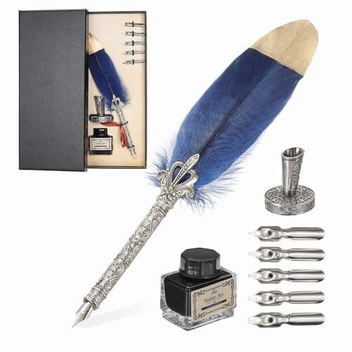 PATIKIL Feather Quill Pen Set, 1 Set Vintage Feather Calligraphy Pen Fountain Dip Pen Set with Ink, Pen Holder and Replacement Nibs for Beginner Writer Writing Gift, Navy Blue - color: Navy Blue