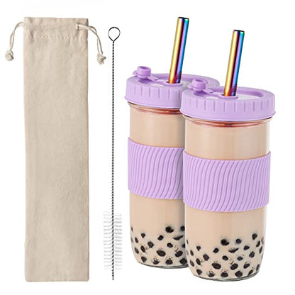 Amyoole 2 Pack Reusable Boba Cup,24Oz Wide Mouth Smoothie Cup,mason Jar Glass Cups with Lids and Straws,Bubble/Boba Tea Cups,Ice Coffee Tumbler 2 colored straws 1 sponge brush(Purple) - color: Purple