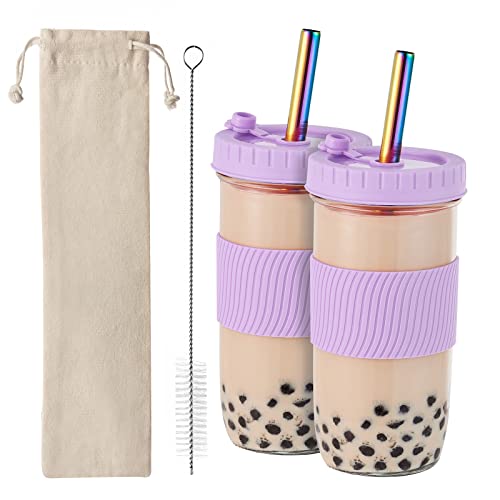 Amyoole 2 Pack Reusable Boba Cup,24Oz Wide Mouth Smoothie Cup,mason Jar Glass Cups with Lids and Straws,Bubble/Boba Tea Cups,Ice Coffee Tumbler 2 colored straws 1 sponge brush(Purple) - color: Purple
