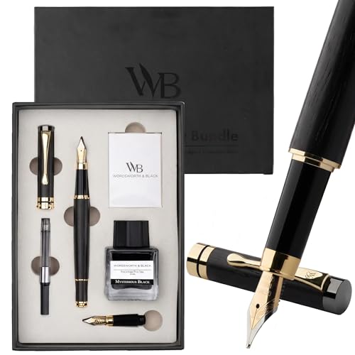 Wordsworth & Black Fountain Pen Set, Luxury Bamboo Wood - Medium Nib, Extra Fine Nib, Gift Case; 25ML Black Ink Bottle, 6 Ink Cartridges, Refill Converter - Calligraphy, Writing [Black Wood] - color: Black Wood