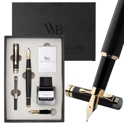 Wordsworth & Black Fountain Pen Set, Luxury Bamboo Wood - Medium Nib, Extra Fine Nib, Gift Case; 25ML Black Ink Bottle, 6 Ink Cartridges, Refill Converter - Calligraphy, Writing [Black Wood] - color: Black Wood