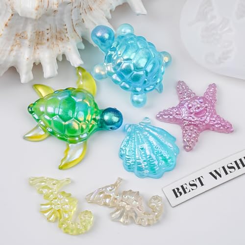 Mini Turtle Resin Molds, 7 Cavities Ocean Animal Silicone Mold, Shell Starfish Gypsum Candle Resin Casting Molds, Cute Sea Turtle Shape Epoxy Mold for DIY Craft, Keychain, Micro Landscape Decor