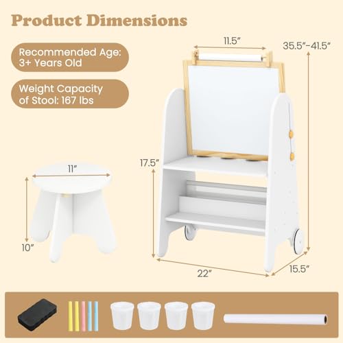 INFANS Easel for Kids with Stool, 4-in-1 Double-Sided Adjustable Magnetic Chalkboard with Paper Roll, Bookshelves, Wheels, Wooden Standing Painting Drawing Art Board for Boys Girls - style: White