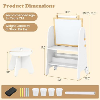INFANS Easel for Kids with Stool, 4-in-1 Double-Sided Adjustable Magnetic Chalkboard with Paper Roll, Bookshelves, Wheels, Wooden Standing Painting Drawing Art Board for Boys Girls - style: White
