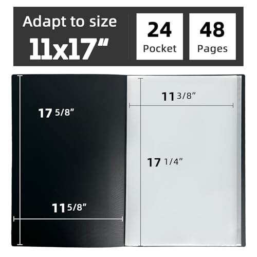 JJRING 11x17 Art Portfolio Folder with Plastic Sleeves, 24-Pocket Portfolio Binder Displaying 48 Pages, Presentation Book with Black Inner Paper for Artwork Storage, Black - size: 11*17