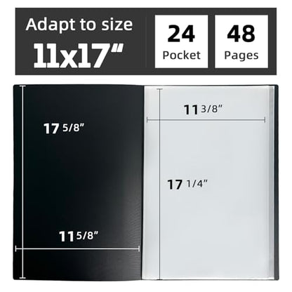 JJRING 11x17 Art Portfolio Folder with Plastic Sleeves, 24-Pocket Portfolio Binder Displaying 48 Pages, Presentation Book with Black Inner Paper for Artwork Storage, Black - size: 11*17