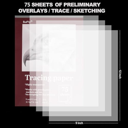 Tracing Paper for Drawing, 9 X 12'' Tracing Paper Pad, 75 Sheets Transparent Vellum Paper for Tracing Pads, 38lb/60gsm Translucent Trace Pad for Pencil Sketching, Image Tracing. - size: 9-x-12-inch:1 Pack