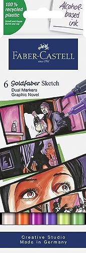 Faber-Castell Goldfaber Alcohol Sketch Markers: 6 Dual Tip Markers Colors - Graphic Novel, Neon Dual Brush and Fineliner Markers, Double Sided Illustration Markers, Drawing Pen for Artists - style: Graphic Nocel