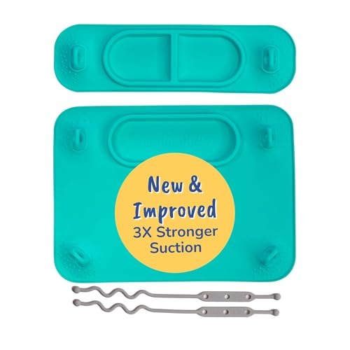BUSY BABY Silicone Mat Bundle - 1 Original Mat Plus 1 Mini Mat, NEW Stronger Suction Cups, 6 Straps to Secure Baby Essentials and Keep Off the Floor, Baby Led Weaning, Wet Bag Included (Spearmint) - color: Spearmint Bundle