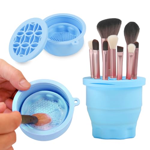 Makeup Brushes Cleaner Mat with Brush Storage Holder, Folding Portable Washing Tool for Makeup Brush Cleaning, 2 In 1 Silicone Brush Cleaner Pad & Cosmetic Brush Organizer Rack (Blue) - color: Blue