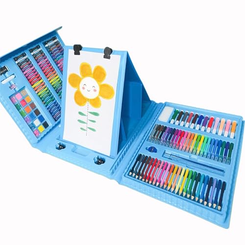 DLUCKY 208 PCS Art Supplies, Drawing Art Kit Adults for Kids Art Set,Blue | with Double Sided Trifold Easel, Oil Pastels, Crayons, Colored Pencils, Watercolor Pens Gift for Girls Boys Artist - color: BLUE