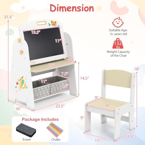 HONEY JOY Kids Art Easel, Wooden Double-Sided Toddler Table & Chair Set w/Adjustable Magnetic White Board & Chalkboard, Bookshelf & Storage Bin, Arts & Crafts (Natural + White) - color: Natural + White