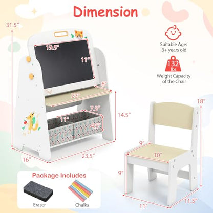 HONEY JOY Kids Art Easel, Wooden Double-Sided Toddler Table & Chair Set w/Adjustable Magnetic White Board & Chalkboard, Bookshelf & Storage Bin, Arts & Crafts (Natural + White) - color: Natural + White