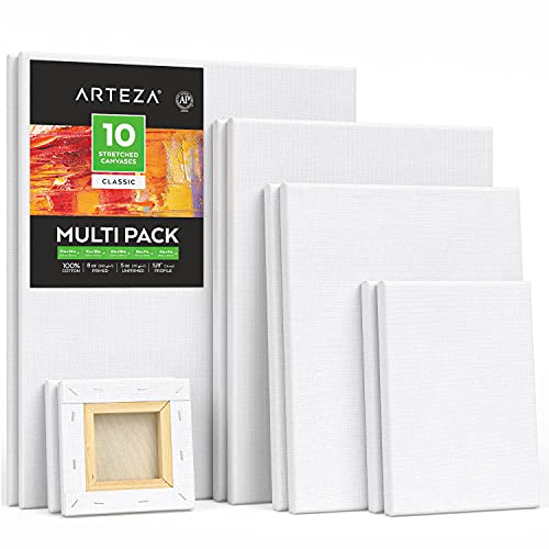 ARTEZA Stretched Canvas Multipack of 10 – 4x4, 5x7, 8x10, 9x12, 11x14 Inch Blank White Canvases for Acrylic, Oil, Gouache – Cotton, Pre-Primed - color: White - Classic, size: Multi Pack