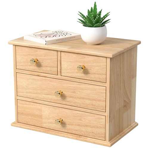 Oak Desk Organizer with Drawers, Durable Wooden Desktop Storage Box with Metal Handles & Non-Slip Silicone Pads, 4 Drawer Tabletop Organizer for Office, Bedroom, Bathroom, Vanity, Makeup – Natural Oak - color: Natural Oak, size: 4 Drawers