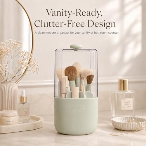 EACHY Makeup Brush Holder with Lid, Rotating Makeup Brush Organizer, Green | Dustproof Lid, 7 Compartments, Waterproof Plastic, Vanity Makeup Organizer for Brushes - color: Green
