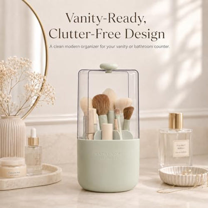 EACHY Makeup Brush Holder with Lid, Rotating Makeup Brush Organizer, Green | Dustproof Lid, 7 Compartments, Waterproof Plastic, Vanity Makeup Organizer for Brushes - color: Green