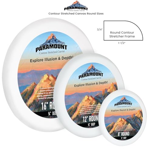 Paramount Contour Convex Profile Stretched Canvas, 16" Round Canvas, 5 Pack, 3/4" Deep - Double Primed for Oil, Acrylic, and Mixed Media Art - 100% Cotton Duck Medium Texture - size: 16"