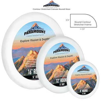 Paramount Contour Convex Profile Stretched Canvas, 16" Round Canvas, 5 Pack, 3/4" Deep - Double Primed for Oil, Acrylic, and Mixed Media Art - 100% Cotton Duck Medium Texture - size: 16"