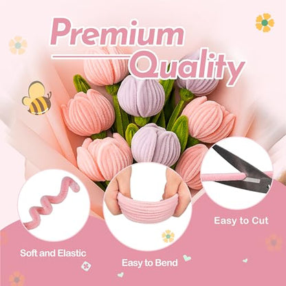 Upgraded 2026 Pipe Cleaners Craft Kit: 400-Piece DIY Flower Making Supplies with Exclusive Color Palette | Includes Chenille Stems, Floral Wire, Gardening Tape, Stamen & Ribbon for Kids Arts & Crafts - color: pink