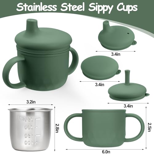 Mity rain Stainless Steel Sippy Cups for Toddlers1-3, Baby Straw Cups for 6+Month Old with Travel Lid, Silicone StrawReplacement Straw & Cleaning Brush-8oz Toddler Cups Spill Proof - color: olive drab
