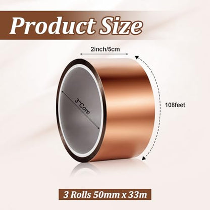 3 Rolls 50mm x 33m Total 324ft Polyimide High Temp Tape - 500°F Heat Resistant, No Residue Adhesive for Sublimation, 3D Printing, Soldering & Electronics