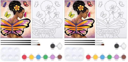 VOCHIC Pre Drawn Canvas for Painting for Adults Paint and Sip Kit Painting Party Supplies 8 Acrylic Colors,3 Brushes,1 Palette Art Set Butterfly Girl 12x16 in (Pack of 2) - size: 12x16 (Pack of 2), style: Style 1