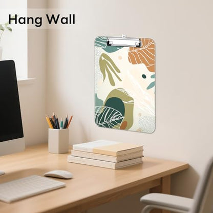 Plastic Cute Clipboard Low-Profile Metal Clip, A4 Letter Size 9 x 12.5 in, 8.5 x 11 Paper Clip Board for Teachers, Nurses, Classroom,Boho Leaves - color: Boho Leaves
