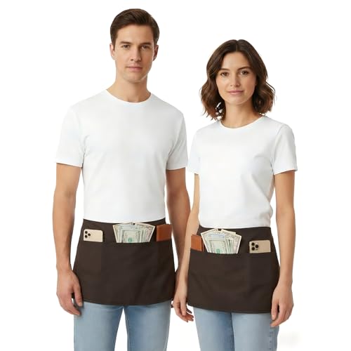 BOHARERS Waist Apron with 3 Pockets - Brown Waitress Waiter Server Short Apron（brown） - color: H-1 Pack Brown