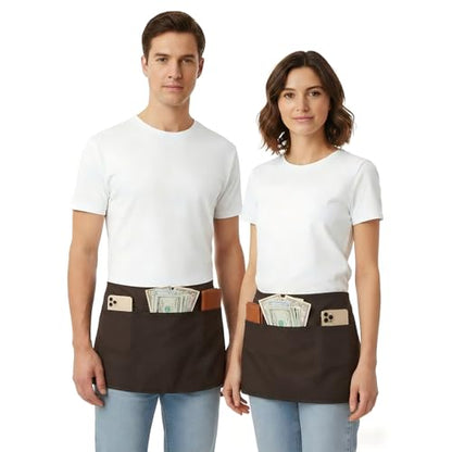 BOHARERS Waist Apron with 3 Pockets - Brown Waitress Waiter Server Short Apron（brown） - color: H-1 Pack Brown