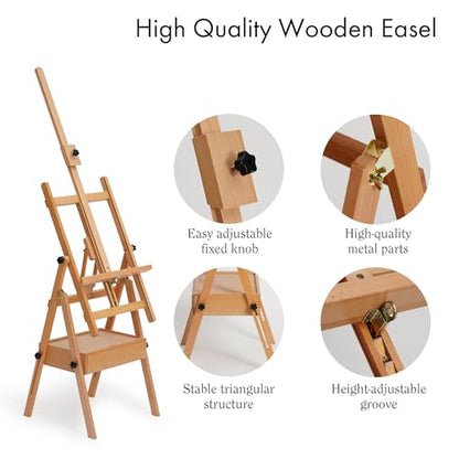 ARTIFY Large Wooden H-Frame Studio Easel, Sturdy Beechwood Canvas Holder Stand, Both Horizontal and Vertical Use, for Acrylic, Oil, Watercolor and Gouache