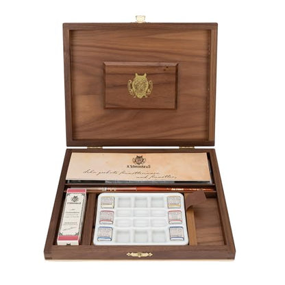 Schmincke - HORADAM® AQUARELL luxury wooden box of the RETRO Line with 19 finest watercolours, 74650097, 18 x 1/2 cups + cochineal red in 15 ml, porcelain palette, brushes