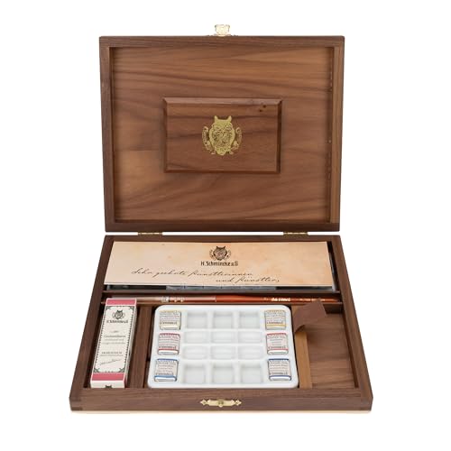 Schmincke - HORADAM® AQUARELL luxury wooden box of the RETRO Line with 19 finest watercolours, 74650097, 18 x 1/2 cups + cochineal red in 15 ml, porcelain palette, brushes