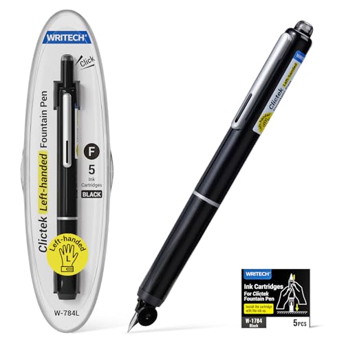 WRITECH Fountain Pen Left Handed: Retractable Style Black Ink Set Fine Nib, Includes 5 Ink Cartridges for Smooth Writing Calligraphy Journaling - color: Black