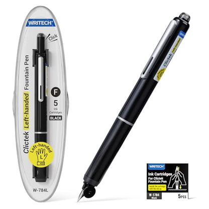 WRITECH Fountain Pen Left Handed: Retractable Style Black Ink Set Fine Nib, Includes 5 Ink Cartridges for Smooth Writing Calligraphy Journaling - color: Black