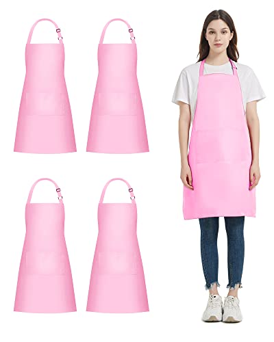 4 Packs Chef Apron with 2 Pockets, Waterproof Adjustable Apron for Men Women Perfect for Kitchen Cooking Baking Gardening Restaurant BBQ Coffee House, Professional Apron (Pink) - color: Pink