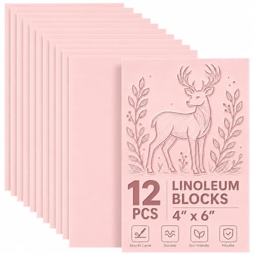 12Pcs 4x6 Inch Linoleum Blocks for Printmaking, Stamp Carving & DIY Linocut | Block Printing Supplies, Stamp Making, Relief Printing, Soft Flexible rubber, For cards, fabric, posters & classroom art - style: 12pack