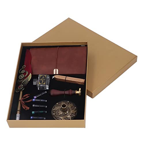 Quill Pen and Ink Set, Vintage Style Writing Instrument with Wax Stamp Notebook, Dip Calligraphy Pen for Invitations Envelopes Postcards Gifts Decoration (Burgundy) - color: Burgundy