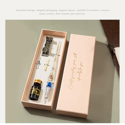 HUIOP Quill Pen,Retro Glass Dip Ink Pen Set Vintage Quill Pen Calligraphy Crystal Writing Signature Ink Dipped Pen with 2 Nibs & Pen Holder in Gift Box for Handwriting Student Friends Lovers
