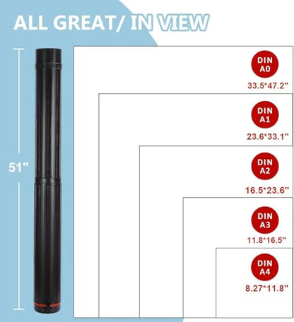 DEWEL Post Tube Expands from 30”to 51”, Waterproof Blueprint Holder Telescoping Art Tube, Large Plastic Black Fishing Rods Case Storage Tube, Light Resistant Drawing Tube with Strap (XL Size) - color: Black (Striped), size: X-Large