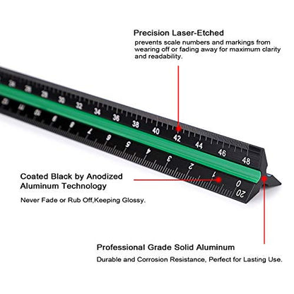 OwnMy 3 Pack 12 Inch Solid Aluminum Triangular Architect Scale Ruler Set, 3-Colors-Groove Architectural and Engineer Scale Metal Ruler Set, Clear Scales Drafting Rulers for Engineer Blueprint Project - style: Imperial Scale