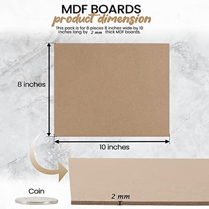 (8-Pack) CalPalmy 8” x 10” MDF Boards - 2mm Thick Boards for Carpentry, Interior Design, Hobby Crafts, and More - with Smooth, Unfinished Sides and Sanded Edges - size: 8 x 10 x 0.08" (8 Pack)