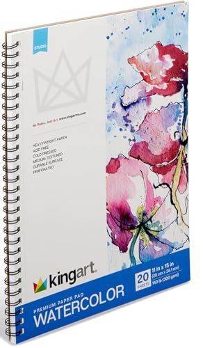 KINGART Cold-Pressed Watercolor Paper Pad – 11x15 Inch, 1-Pack – 20 Sheets, Perforated Side Spiral-Bound Heavyweight Art Pad for Wet Media Painting