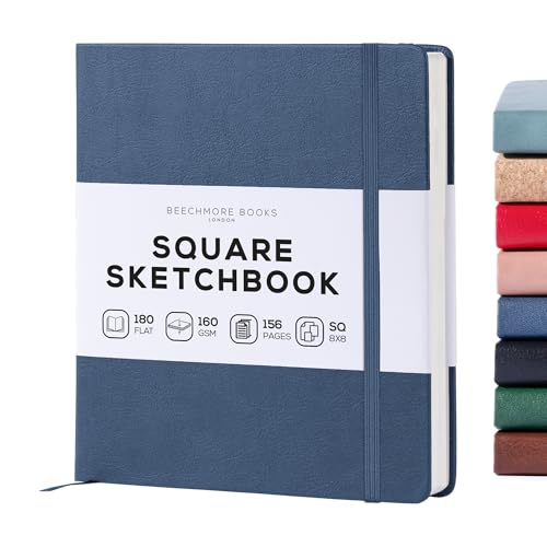 Beechmore Books Square Mixed Media Sketchbook - 8"x8" Professional Art Journal, 160 GSM / 98 lb Ivory Paper, Perforated Pages, Vegan Leather Hardcover, Lay-Flat Design for Drawing & Doodling - color: Symphony Blue, size: Square - 8" x 8"