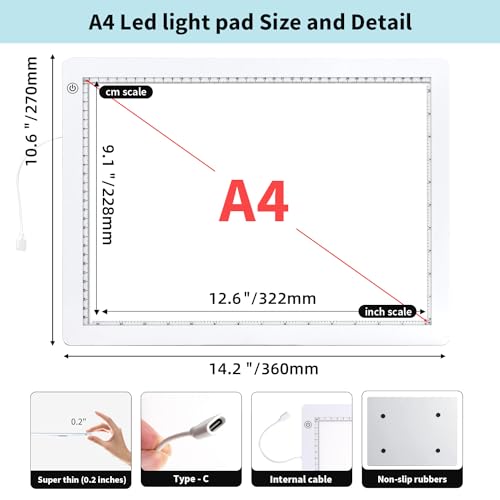 Zocelight A4 Light Pad for Diamond Art kit for Adults,Ultra Thin Light Board with Stand and Clip for Diamond Painting Accessories,3 Levels Dimming Light Box for Drawing,Sketching,Animation(White)