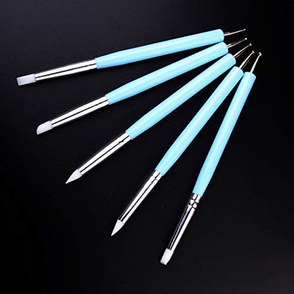 5 pcs/Set Soft Pottery Clay Tool Silicone & Stainless Steel Two Head Sculpting Polymer Modelling Shaper Art Tools Blue