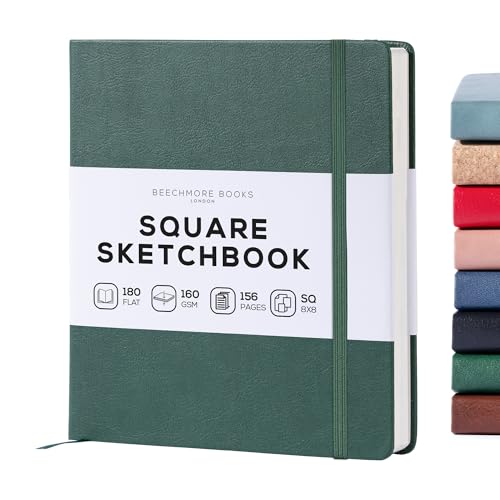 Beechmore Books Square Mixed Media Sketchbook - 8"x8" Professional Art Journal, 160 GSM / 98 lb Ivory Paper, Perforated Pages, Vegan Leather Hardcover, Lay-Flat Design for Drawing & Doodling - color: Dartmouth Green, size: Square - 8" x 8"