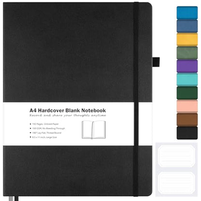 Blank Notebook, Hardcover Sketch Book, 8.5" x 11" Large Blank Journal, No Bleed Thick Paper Sketchbook for Drawing, Unlined Notebook Journal for Women Men School, A4 Leather Sketchbook Lay Flat, Black - color: Black